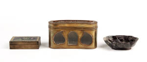 A brass and glass cricket cage with pierced cover, 8cm high, a brass and cloisonne ink box and cover 8cm high and a carved soapstone brush washer with turtle 10cm wide