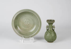 A Ming style celadon glazed vase and a twin fish dish, 16cm high and 21cm diameter&nbsp;