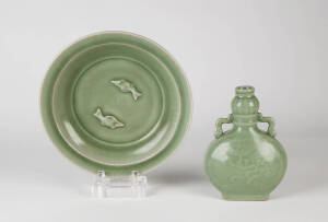 A Ming style celadon pilgrim bottle and a celadon twin fish dish, 19cm high and 26cm diameter
