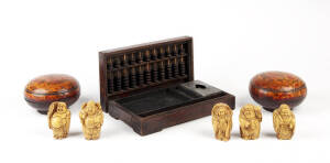 A Chinese ink box with abacus, 26cm wide, and a pair of floral decorated covered boxes 12cm diameter and five composition figures approx. 6.5cm high