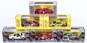 BANG: 1:43 group of Ferrari model cars including Ferrari 355 Road Spider (8035) – Metallic Blue; and, Ferrari Dino 246 GTS (7127) – Orange; and, Ferrari 250 TR Le Mans 58 (7108) – Yellow. All mint in original perspex display cases. (32 items)