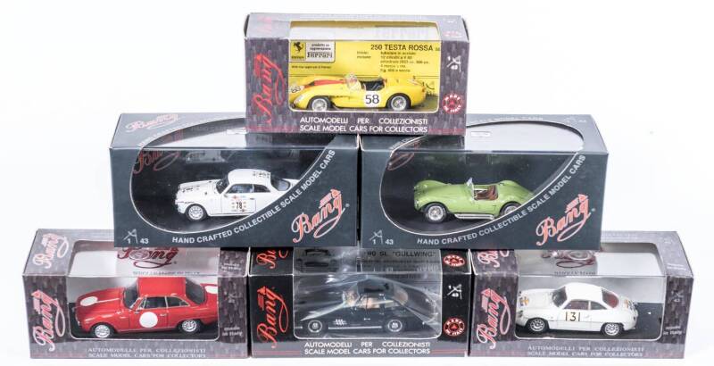 BANG: 1:43 group of model cars including Mercedes 300 SL 1952 Coupe (7211) – G.P. Bern K Kling; and, Alfa Romeo Giulietta Sprint (7152) – Blue; and, Ford MK II ‘Roadster’ (7094) – 1966 Sebring. All mint in original perspex display cases. (24 items)