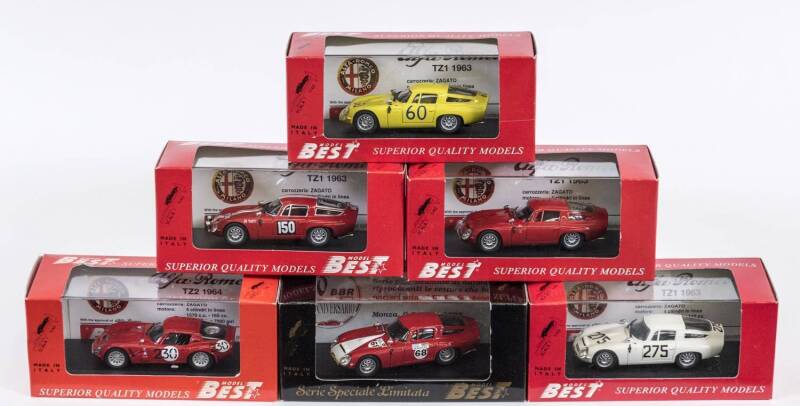 BEST MODEL: 1:43 group of Alfa Romeo model cars including 1963 Alfa Romeo TZ 1 Monza (9060) - White; and, 1993 Alfa Romeo  III Trofeo Ascari (PROM11) – Red; and, 1964 Alfa Romeo TZ 1 Tour De France Rolland-Augias (9074) – Red. All mint in original perspex