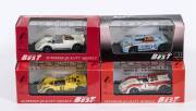 BEST MODEL: 1:43 group of Porsche model cars including 1969 Porsche 908 Flunde watkins Geln (9145) - Red and White; and, 1970 Porsche 908/3 Temporada (9073) – Yellow; and, Porsche 908/2 Prova (9040) – White. All mint in original perspex display case. (4 i