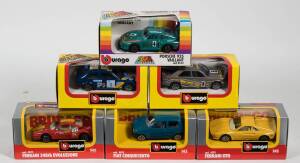 BURAGO: 1:43 group of model cars including Fiat Cinquecento (4193); and, Ferrari GTO (4175); and, Ferrari 348tb Evoluzione. All mint in original cardboard windowed boxes. (37 items)