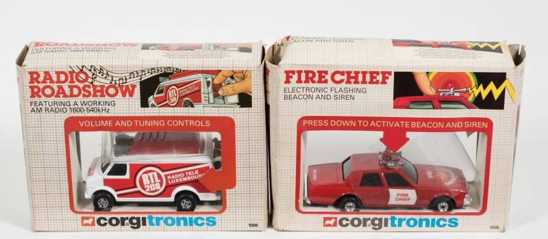 CORGI: Pair of 1980s Corgitronics consisting of Radio Roadshow (1006) – RTL 208 Radio; and, Fire Chief (1008) – Red. Both mint in original cardboard windowed boxes. (2 items)