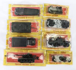 EKO: Spanish group of HO scale Military model vehicles including M-4 Sherman – USA (4012); and, M-109 USA (4026); and, Camion Barreiros TT.90.22 (4035). All mint in original bubble packs. (36 items) 