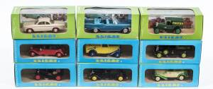 ELICOR: 1:43 grouo of  model cars including 1958 Chrysler Newyorker Cabriolet (1100) - Pink; and, 1962 Chevrolet Corvair Pompiers U.S.A (1151) - LA Fire Department; and, Citroen Berline Traction Avant 11 BL (1938) - Black. All mint in original perspex dis