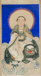 A Chinese scroll painting of Buddha seated on the back of a buddhistic lion, 19th century