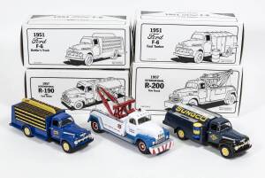FIRST GEAR: 1:34 group of model trucks including 1957 International R-190 with Fuel Tanker (29-1128) – Signal Gas; and, 1951 Ford F-6 Bottler’s Truck (19-1115) – Dad’s Root Beer; and, 1957 International R-200 Tow Truck (10-1199) – Exxon. All Mint in origi