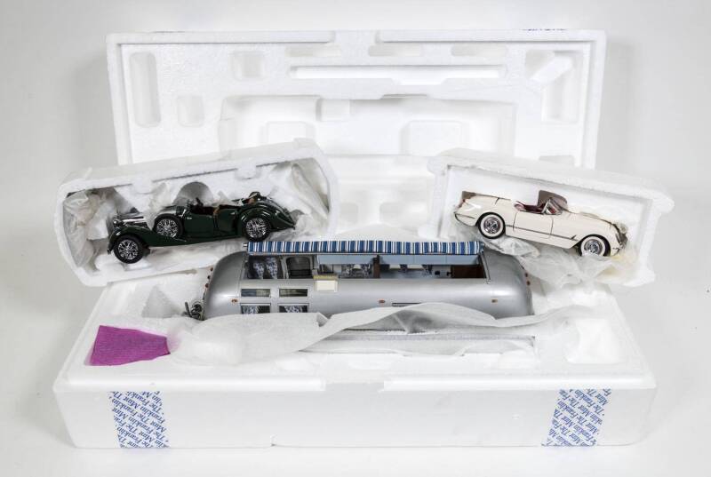 FRANKLIN MINT: Group of model vehicles including 1935 Duesenberg Model J Convertible (B11RR77) – Dark Red; and 1960 Chevrolet Impala (B11SR71) – White; and, 1968 Airstream Land Yacht Travel Trailer (B11UK22) – Silver. All mint in original cardboard packag