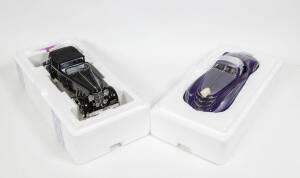 FRANKLIN MINT: group of model cars including 1940 Duesenberg SJ Convertible (B11UX57); and, Mack Corvette Tractor Trailer (B11XR25); and, 1939 Purple Duesenberg Coupe Simone (B11XK61). and, 1994 Mack CH Semi Tractor & Trailer (B11XR25). All mint in origin