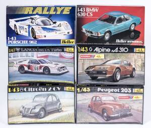 HELLER: Group of 1:43 model car Hobby Kits including Citroen CX 2400 (80164); and, Peugeot 203 (160); and, Land Rover (179). All mint and unbuilt in original cardboard packaging. (31 items)