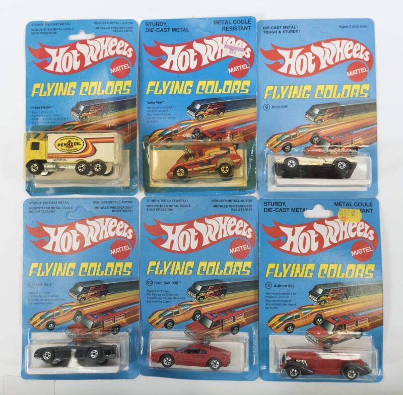 HOTWHEELS: Group of Vintage late 1970s to early 1980s ‘Flying Colors’ including Neet Streeter (9244); and, Stutz Blackhawk (1126); and, Top Eliminator (7630). All mint and unopened on original cardboard blister packs. (145 items approx.)