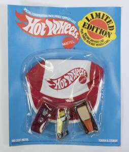 HOTWHEELS: 1978 Limited Edition Special Combination Pack (2300) Consisting of racing drivers cap and three 1978 Hot Wheels cars. Mint and unopened on original cardboard blister pack, slight unpeeling of blister pack from cardboard. 