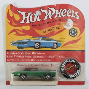 HOTWHEELS: 1968 Redline Custom Eldorado (6218) – Spectral Flame Green with Black plastic roof and Grey Interior. This model is part of the Sweet 16, the first Hot Wheels models to ever be produced. Mint and unopened in original flame blister pack.