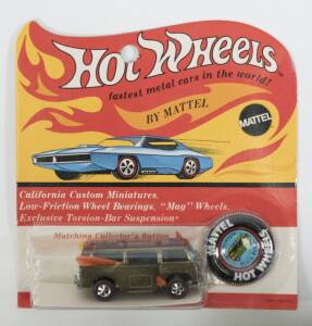 HOTWHEELS: 1969 Redline Volkswagen Beach Bomb (6274) – Spectral Flame Olive Green with Grey Interior. Mint and unopened in original flame blister pack.