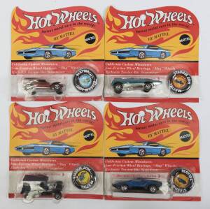 HOTWHEELS: 1970 group of Redline model cars including Peeping Bomb (6419) – Spectral Flame Aqua with Black Interior; and, Paddy Wagon (6402) – Police 3 Dark Blue with Red Interior; and, The Demon (6401) - Spectral Flame Red with Black Roof. Mint and unope
