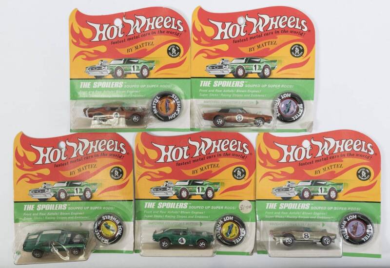 HOTWHEELS: 1970 group of Redline ‘The Spoilers’ model cars including Nitty Gritty Kitty (6405) – Spectral Flame Green with White Stripe and Red Taillights; and, King ‘Kuda (6190) – Spectral Flame Copper with White Stripes; and, Light-My-Firebird (6412) –