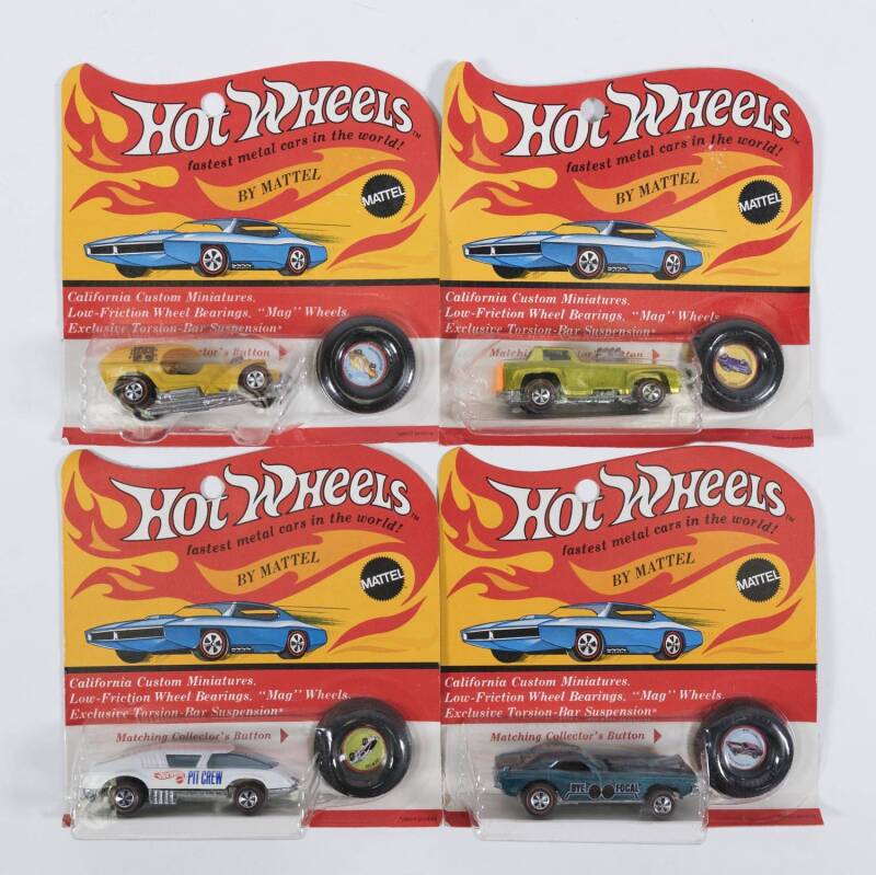 HOTWHEELS: 1971 group of Redlines including Bye-Focal (6187) – Spectral Flame Aqua; and, Ice ‘T’ (6184) – Yellow with Yellow Plastic Roof; and, Short Order (6176) – Spectral Flame Yellow. All mint and unopened in original flame blister packs. (4 items)