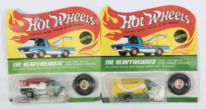 HOTWHEELS: 1971 pair of Redline ‘The Heavyweights’ including Scooper (6193) – Spectral Flame Light Green Cab and Yellow Plastic Trailer; and, Snorkel (6020) – Spectral Flame Green Cab with Red Plastic Snorkel. All mint and unopened in original flame blist