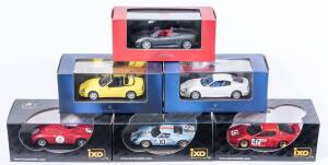 IXO: 1:43 group of model cars including Ferrari F430 Spider (FER019) – Silver; and, Maserati Spyder Cambiocorsa (MOC029) – Yellow; and, Lorraine Dietrich B3-6 (LM1925) - #5 Winner of Le Mans 1925. All mint in original perspex display case. (22 items)