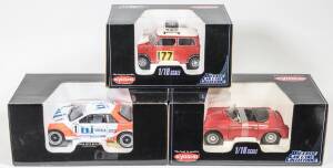 KYOSHO: 1:18 Group of model cas including Shelby Cobra 427S/C (7006) – Blue; and, Morris Mini Cooper 1275S ’67 Rally (7012) – Red; and, Honda NSX (7001) – Red. All mint in original cardboard packaging. (8 items)