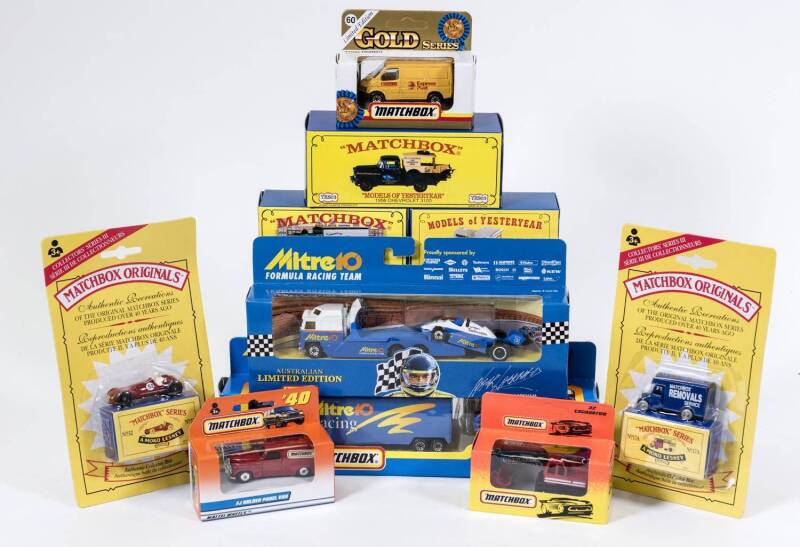 MATCHBOX: Group of model cars including Matchbox Originals Authentic Recreations E.R.F Petrol Tanker (11A); and, Mitre 10 Racing Car Transport and Reynard F3000 Formula 1 Car; and, Models of Yesteryear 1923 Scania-Vabis Post Bus (YY16). All mint in origin