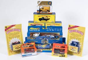 MATCHBOX: Group of model cars including Matchbox Originals Authentic Recreations E.R.F Petrol Tanker (11A); and, Mitre 10 Racing Car Transport and Reynard F3000 Formula 1 Car; and, Models of Yesteryear 1923 Scania-Vabis Post Bus (YY16). All mint in origin