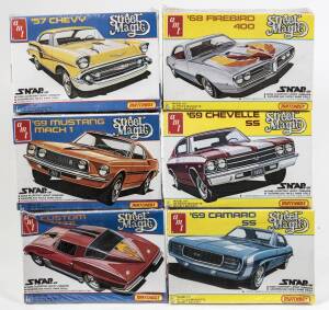 MATCHBOX/AMT: Group of 1:43 model car Hobby Kits including 1968 Firebird 400 (PK-2105); and, 1969 Chevelle SS (PK-2106); and, 1957 Chevy (PK-2102). All mint and unbuilt in original cardboard packaging. (6 items)