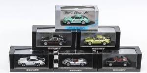 MINICHAMPS: 1:43 group of Porsche model cars including 1973 Porsche Carrera RSR (736900) - White; and, 1960 Porsche 718 RS60 Sebring 12 Hours (32102) – Herrman/Gendebien; and, 1972 Porsche 911 RSR 2.8 Test Car (726990) – Paul Ricard. All mint in original 