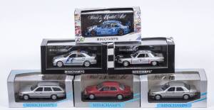 MINICHAMPS: 1:43 group of Mercedes Benz model cars including Mercedes CLK DTM 200 (3719) – Team Persson; and, Mercedes 190 E Evo 1 (3000) – Red; and, Mercedes TD Turbo (3310) – Black. All mint in original perspex display case. (31 items) 