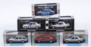 MINICHAMPS: 1:43 group of Mercedes Benz model cars including Mercedes CLK DTM 200 (3719) &ndash; Team Persson; and, Mercedes 190 E Evo 1 (3000) &ndash; Red; and, Mercedes TD Turbo (3310) &ndash; Black. All mint in original perspex display case. (31 items)&nbsp;