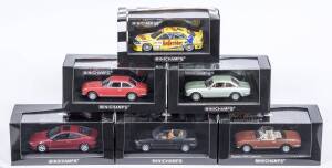 MINICHAMPS: 1:43 group of Peugeot model cars including 1995 Peugeot 306 2-Door Saloon (2500) – Dark Green; and, 1974 Peugeot 504 Cabriolet (2130) – Black; and, 1996 Peugeot 406 Coupe (2625) – Red. All mint in original perspex display case. (9 items) 