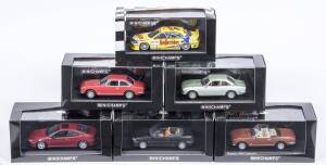 MINICHAMPS: 1:43 group of Peugeot model cars including 1995 Peugeot 306 2-Door Saloon (2500) &ndash; Dark Green; and, 1974 Peugeot 504 Cabriolet (2130) &ndash; Black; and, 1996 Peugeot 406 Coupe (2625) &ndash; Red. All mint in original perspex display case. (9 items)&nbsp;