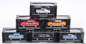 MINICHAMPS: 1:43 group of NSU model cars including 1964 NSU Spider (9230) – Blue; and, 1972 NSU Ro80 (5406) – Black; and, 1956 NSU Sport Prinz (9220) – Silver. All mint in original perspex display case. (7 items) 