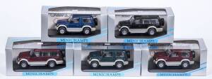 MINICHAMPS: 1:43 group of Mitsubishi Pajero’s including 1994 Mitsubishi Pajero SWB (3371) – Metallic Green; and, 1994 Mitsubishi Pajero SWB (3370) – Metallic Blue; and, 1994 Mitsubishi Pajero LWB (3472) – Metallic Red. All mint in original perspex display