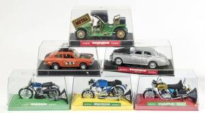 NACORAL: Group of Spanish made model cars and motorbikes including Citroen SM (3513/M) – Silver; and, Corvette (3504/M) – Orange; and, Norton 750 HI. Rider (3605). Most mint, all in in original perspex display case. (15 items)