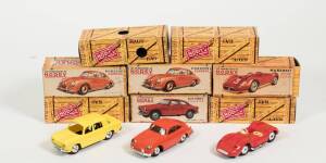 NOREV: 1950s group from the first generations of plastic model cars including Maserati Sport 2000/SI (12) – Green; and, Porsche Carrera (16) – Red; and, Alfa Romeo Giulietta Sprint1300. All mint in original cardboard boxes. (8 items)