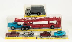 NOREV; 1960s group of large model cars including Peugeot JF Fourgon Tole (7) – Yellow; and, Saviem Fire Engine (220) – Red; and, Richier Compactor (128) – Yellow. All mint in original plastic display boxes. (20 items)