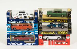 NOREV; Group of model cars including Renault 20 (228) – Orange; and, Citroen SM President (838) – Silver; and, Matra F2 (601) – Blue. All mint in original windowed boxes. (16 items)