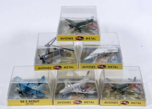 PLAYME: Spanish group of Avions boxed aircrafts including Spad XIII (104); and, Japanese Zero (107); and, Fokker D7 (108). Most mint in original perspex display cases. (15 items)