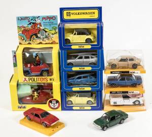 POLISTIL: Group of miscellaneous model cars including Dino 308 GT4 (53) – Red; and, Panther (564) – Silver; and, Alfetta Coupe (63) – Silver. Some boxed and some unboxed, all cars are mint. (70 items)