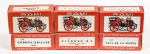 RAMI: Group of model cars Including 1908 Lion-Peugeot; and, Taxi De La Marne; and, 1900 Renault. All mint in original cardboard packaging. (16 items)