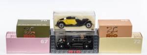 RIO: 1:43 group of Model Cars including 1902 Ford Modello '999' (69) – Marroon; and, 1923 Rolls Royce Mod Twenty 1923 (72) – Blue; and, 1935 Alfa Romeo Tipo B Ruote Gemellate (71) – Red. All mint in original perspex display case and outer cardboard packag