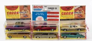 S'ABRA: Vintage group of Israeli made model cars including Chevrolet Pick-Up (8122) - Orange; and, Camaro SS (8120) - Red; and, Cadillac Convertible (8123) - Purple. All mint to near mint in original plastic pocket garage and on original cardboard cards. 