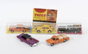 S'ABRA: Vintage Group of Israeli Made Model Cars Including Pontiac Firebird (8119) - Green; And, Plymouth Barracuda (8114) - Orange; And, Buick Riviera (8108) - Dark Green. All vehicles mint to near mint with most in original plastic pocket garage, one ha