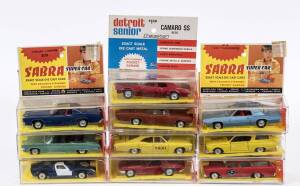 S'ABRA: Vintage group of Israeli made model cars including Ford G.T. (8104) - Blue and White; and, Chrysler Imperial (8111) - Light Green; and, Cadillac Eldorado (8110). All mint to near mint in original plastic pocket garage and on original cardboard car