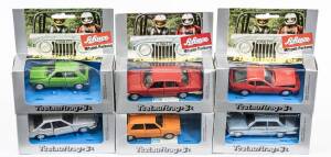 SCHUCO: Group of German made model cars including Mercedes 450 SE (26-1618) - Red; and, VW Passat Variant (30-1619) - Gold; and, BMW 316 (30-1626) - Blue. All vehicles mint in original cardboard windowed boxes. (8 items)