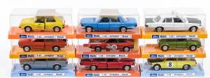 SCHUCO: Group of West German made model cars including VW Passat Variant (30-1619) - Yellow; and, Mercedes 350 SE (30-1612) - Polizei; and, VW Scirocco (30-1620) - Silver. All mint to near mint in original perspex display cases. (30 items)